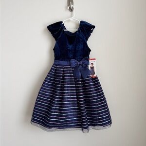 Joanna Michelle Navy Blue Velvet Dress with Glitter Striped Skirt Size 6 - NEW